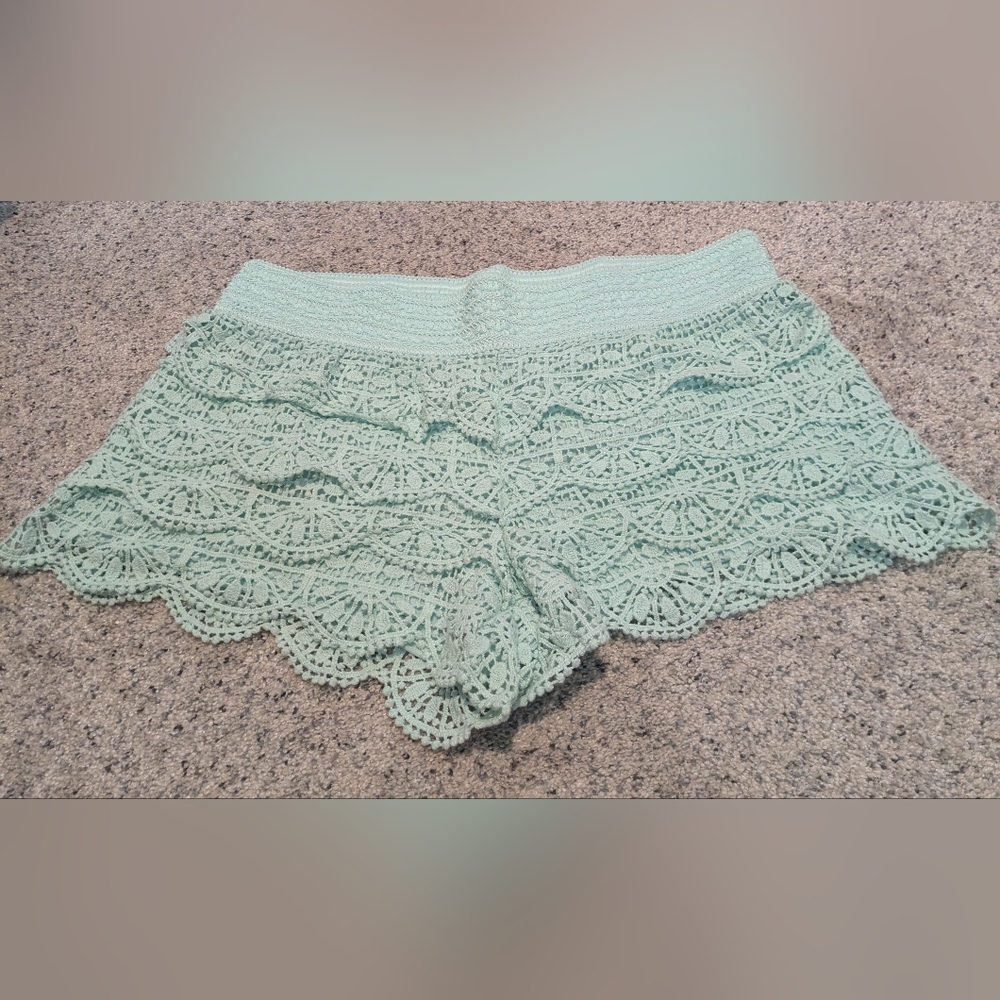 Rewind Green Lace Shorts with Scalloped Hem